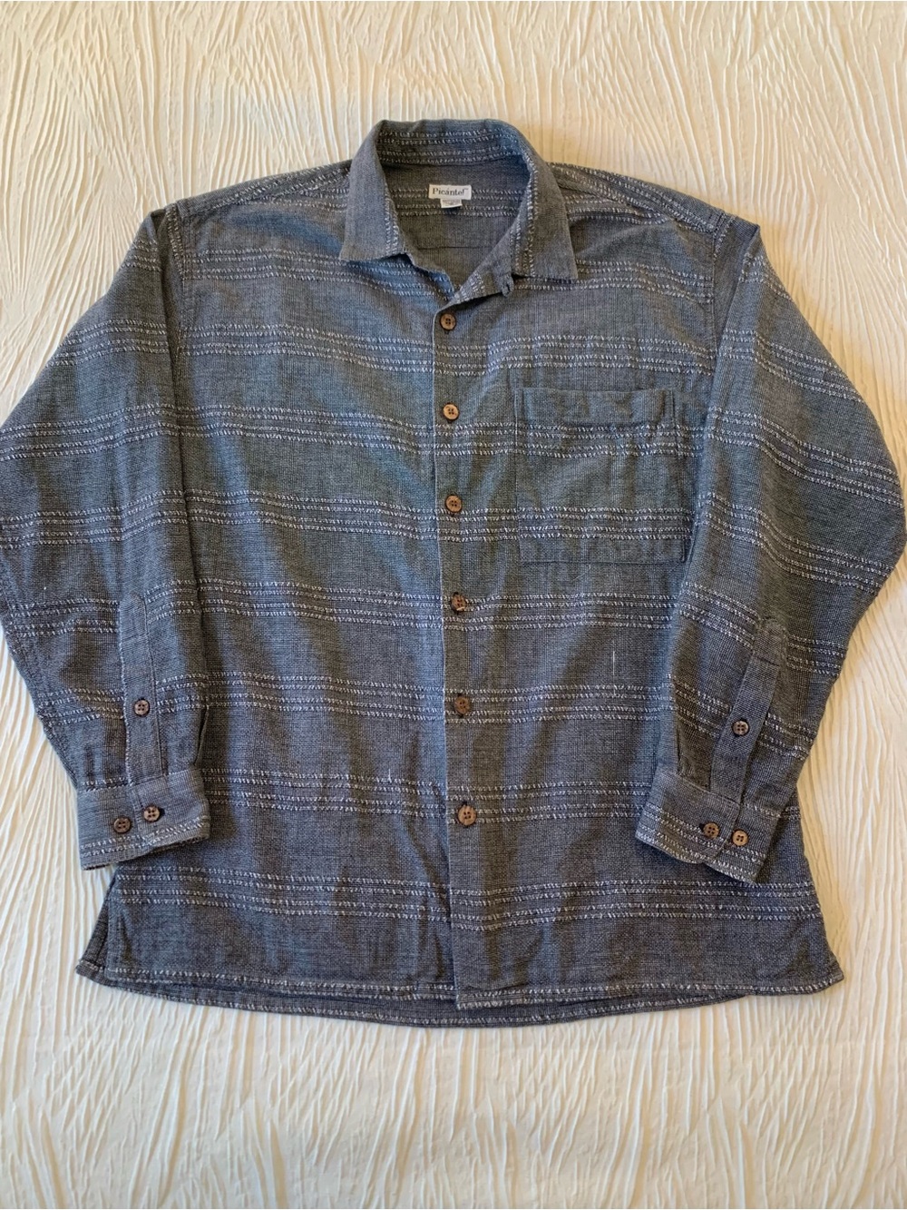 Picante Brown/Tan Handwoven Camp Collar Button Down Shirt, size Medium